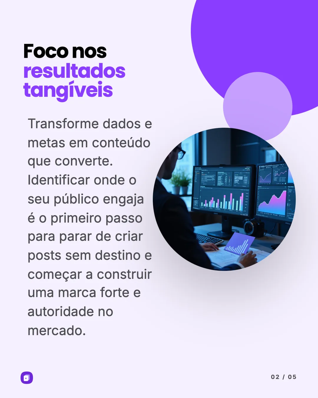 Slide do mesmo carrossel, "Foco nos resultados tangíveis": texto ao lado de uma foto em círculo de uma pessoa analisando gráficos em dois monitores